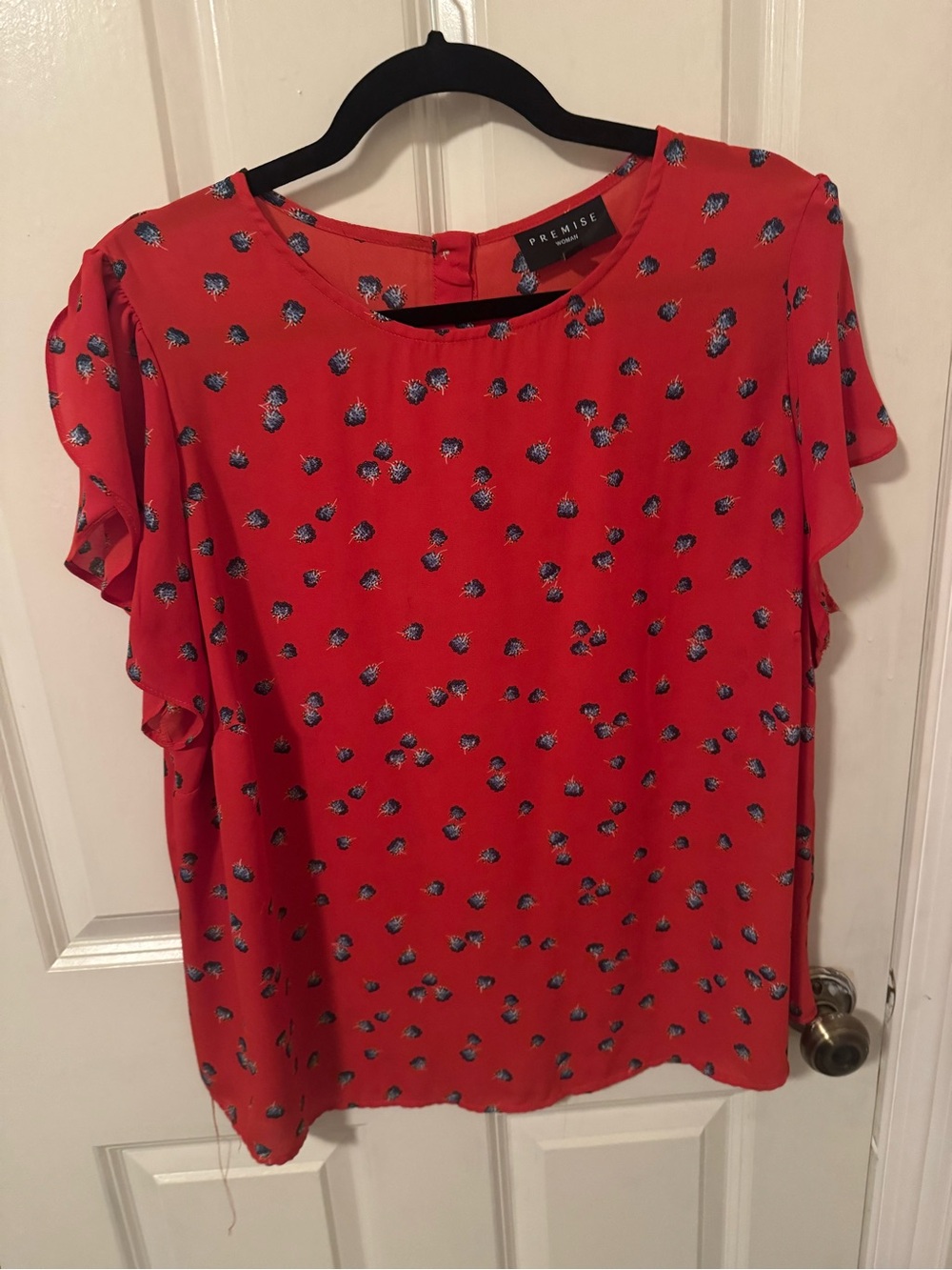 Premise Coral-Red Flutter Sleeve Floral Blouse